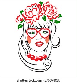 Abstract Fashion Woman with Long Hair in a wreath, with glasses and big heart beads, cosmetics, beauty, health spa, fashion themes.