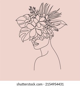 Abstract fashion woman portrait. Female face with tropical flowers and leaves, simple linear art. Botalical Trendy Minimalist Female Portrait in Line Art. Modern Elegant Beauty Logo