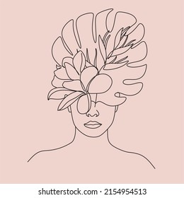 Abstract fashion woman portrait. Female face with tropical flowers and leaves, simple linear art. Botalical Trendy Minimalist Female Portrait in Line Art. Modern Elegant Beauty Logo