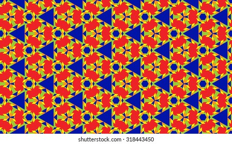 Abstract fashionable decorative seamless geometric pattern with various shapes of red, blue, yellow, green and orange shades