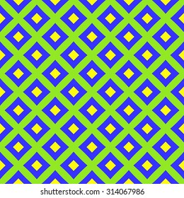 Abstract fashionable ornamental seamless pattern of squares in yellow, blue and green shades