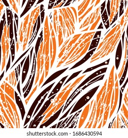 Abstract fashionable seamless pattern with animal and floral elements. Vector illustration with aggressive animalistic tune. Orange, brown and white colors. Tiger stripes style