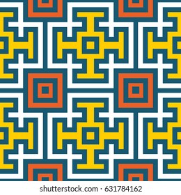 Abstract fashionable seamless pattern with decorative ornament of blue, orange, yellow, and white shades