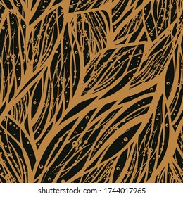 Résumé motif continu à la mode avec eau, fleur, vent ou éléments floraux. Illustration vectorielle de luxe avec mélodie tropique exotique naturelle. Couleurs dorées et noires