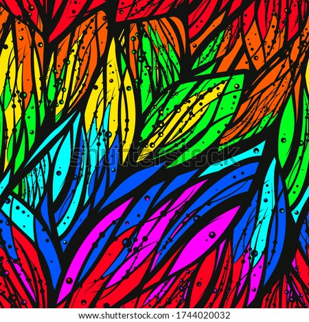 Abstract fashionable seamless pattern with water, flower, wind, feather or floral elements. Vector illustration with tropic exotic natural tune. Bright rainbow colors on black background