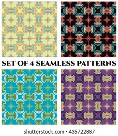 Abstract fashionable seamless patterns with decorative ornament of beige, brown, orange, blue, red, teal, black, white and violet shades