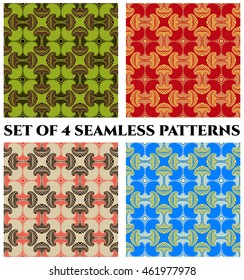 Abstract fashionable seamless patterns with decorative ornament of green, purple, yellow, beige, red, grey, white and blue shades