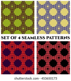 Abstract fashionable seamless patterns with fractal decorative ornament of green, purple, yellow, blue, red, pink and black shades