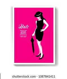Abstract fashionable woman wearing black dress and hat, with umbrella in her hand. Vector illustration