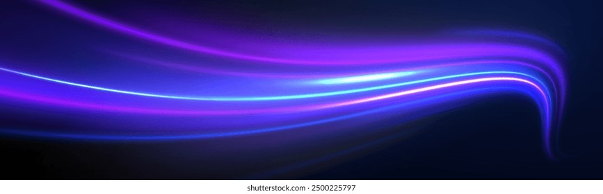 Abstract fast moving glowing neon particle created blue light curve line motion, digital futuristic internet data speed. Expressway, the effect of car headlights. Low-poly construction of fine lines.