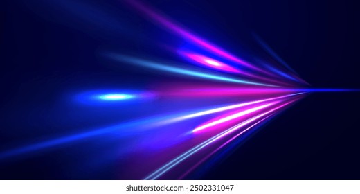 Abstract fast moving glowing neon particle created blue light curve line motion, digital futuristic internet data speed. Expressway, the effect of car headlights. Low-poly construction of fine lines.