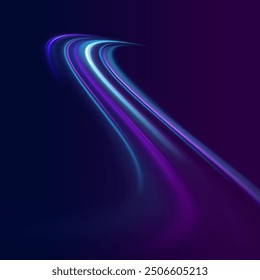 Abstract fast moving glowing neon particle created blue light curve line motion, digital futuristic internet data speed. Expressway, the effect of car headlights. Low-poly construction of fine lines.