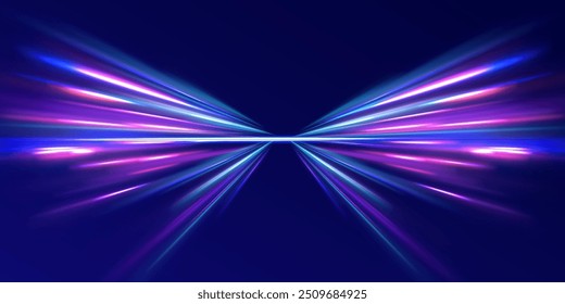 Abstract fast moving glowing neon particle created blue light curve line motion, digital futuristic internet data speed. Expressway, the effect of car headlights. Low-poly construction of fine lines.