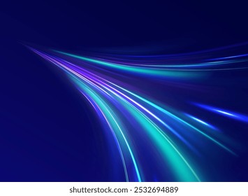 Abstractas partícula de neón brillante de movimiento rápido creó movimiento de línea de curva de luz azul, velocidad de datos de Internet futurista digital. Autopista, el efecto de los faros de los coches. Construcción de líneas finas de bajo poli.