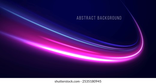 Abstractas partícula de neón brillante de movimiento rápido creó movimiento de línea de curva de luz azul, velocidad de datos de Internet futurista digital. Autopista, el efecto de los faros de los coches. Construcción de líneas finas de bajo poli.