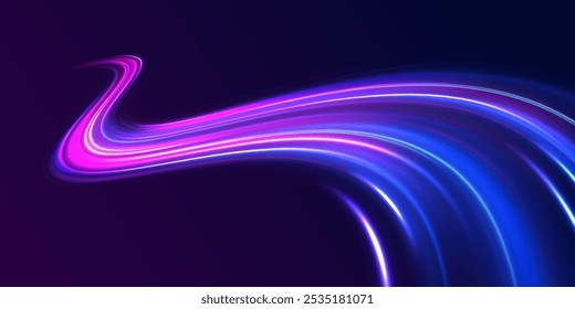 Abstract fast moving glowing neon particle created blue light curve line motion, digital futuristic internet data speed. Expressway, the effect of car headlights. Low-poly construction of fine lines.