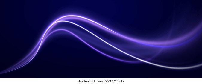 Abstractas partícula de neón brillante de movimiento rápido creó movimiento de línea de curva de luz azul, velocidad de datos de Internet futurista digital. Autopista, el efecto de los faros de los coches. Construcción de líneas finas de bajo poli.