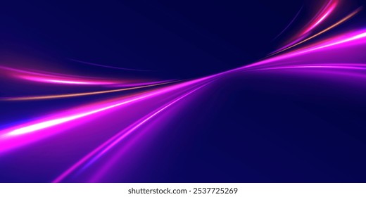 Abstractas partícula de neón brillante de movimiento rápido creó movimiento de línea de curva de luz azul, velocidad de datos de Internet futurista digital. Autopista, el efecto de los faros de los coches. Construcción de líneas finas de bajo poli.