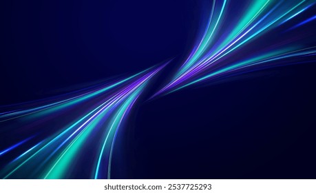 Abstractas partícula de neón brillante de movimiento rápido creó movimiento de línea de curva de luz azul, velocidad de datos de Internet futurista digital. Autopista, el efecto de los faros de los coches. Construcción de líneas finas de bajo poli.