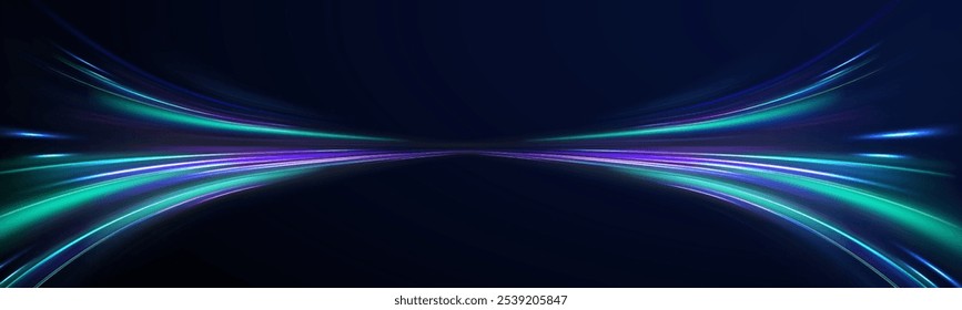 Abstractas partícula de neón brillante de movimiento rápido creó movimiento de línea de curva de luz azul, velocidad de datos de Internet futurista digital. Autopista, el efecto de los faros de los coches. Construcción de líneas finas de bajo poli.