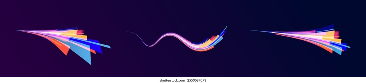 Abstractas partícula de neón brillante de movimiento rápido creó movimiento de línea de curva de luz azul, velocidad de datos de Internet futurista digital. Autopista, el efecto de los faros de los coches. Construcción de líneas finas de bajo poli.