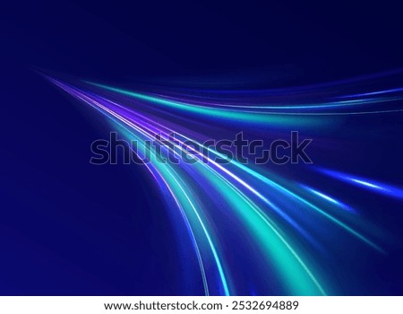Abstract fast moving glowing neon particle created blue light curve line motion, digital futuristic internet data speed. Expressway, the effect of car headlights. Low-poly construction of fine lines.