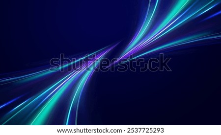 Abstract fast moving glowing neon particle created blue light curve line motion, digital futuristic internet data speed. Expressway, the effect of car headlights. Low-poly construction of fine lines.