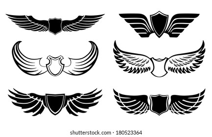 Abstract feather angel or bird wings pictograms set isolated vector illustration