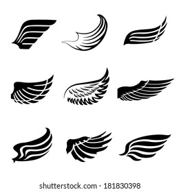 Abstract feather angel or bird wings icons set isolated vector illustration