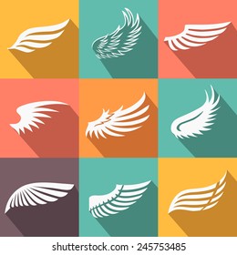 Abstract feather angel or bird wings icons set flat style long shadow isolated vector illustration
