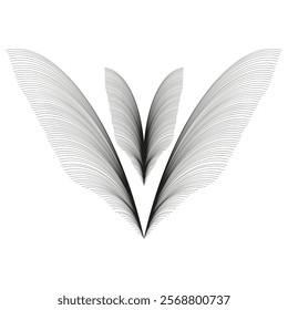 Abstract feather icon. Symmetrical fine lines. Elegant wing shapes. Black and white design.