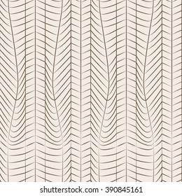 Abstract feather like shapes and curved lines. Geometric vertical seamless pattern. Dark brown brown outline on beige background.