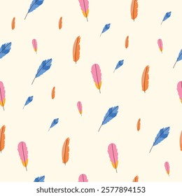 Abstract feather pattern featuring vibrant colors like blue, pink, orange, and yellow on a cream background.