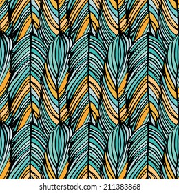 Abstract feather seamless vector colorful pattern in turquoise and orange color