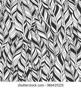 Abstract feather seamless vector pattern. Decorative hand drawn background for coloring book.