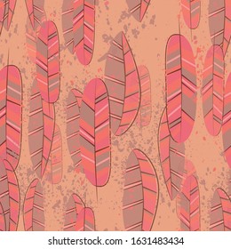Abstract feathers for print design. Vintage line art colorful seamless pattern on transparent backdrop. Vintage natural pattern. Ornament illustration. Simple summer background. Beautiful background.