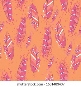 Abstract feathers for print design. Vintage line art colorful seamless pattern on transparent backdrop. Vintage natural pattern. Ornament illustration. Simple summer background. Beautiful background.