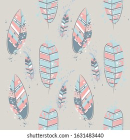 Abstract feathers for print design. Vintage line art colorful seamless pattern on transparent backdrop. Vintage natural pattern. Ornament illustration. Simple summer background. Beautiful background.
