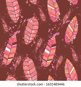 Abstract feathers for print design. Vintage line art colorful seamless pattern on transparent backdrop. Vintage natural pattern. Ornament illustration. Simple summer background. Beautiful background.