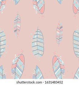 Abstract feathers for print design. Vintage line art colorful seamless pattern on transparent backdrop. Vintage natural pattern. Ornament illustration. Simple summer background. Beautiful background.