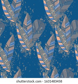 Abstract feathers for print design. Vintage line art colorful seamless pattern on transparent backdrop. Vintage natural pattern. Ornament illustration. Simple summer background. Beautiful background.