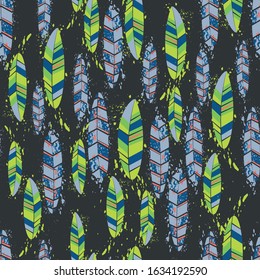 Abstract feathers for print design. Vintage line art colorful seamless pattern.Feather illustration. Beautiful template for fabric design. Textile design texture. Wallpaper background. 