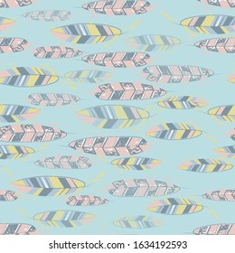 Abstract feathers for print design. Vintage line art colorful seamless pattern.Feather illustration. Beautiful template for fabric design. Textile design texture. Wallpaper background. 