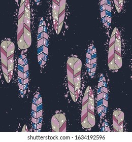 Abstract feathers for print design. Vintage line art colorful seamless pattern.Feather illustration. Beautiful template for fabric design. Textile design texture. Wallpaper background. 