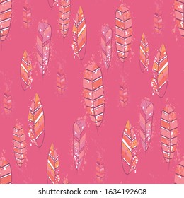 Abstract feathers for print design. Vintage line art colorful seamless pattern.Feather illustration. Beautiful template for fabric design. Textile design texture. Wallpaper background. 