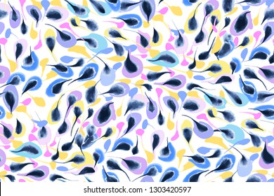 Abstract feathers seamless background pattern. Waterclor illustration hand drawn. Vector. Fabric print, wrapping paper.