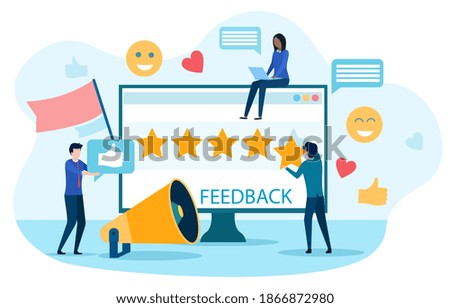 Abstract feedback concept. Idea of reviews and advices. Cartoon flat vector illustration with fictional diverse characters. Website, web page, landing page template