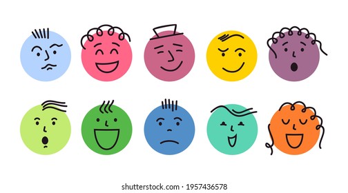 Abstract feeling faces. Round abstract faces with various Emotions. Different colorful characters. Vector illustration. Every face is isolated.