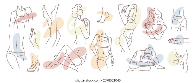 Abstract female body parts, isolated feminine girl face and waist, breast and shoulders, legs and hands. Colored outlines, sensual woman wearing underwear, bra and panties. Vector in flat style