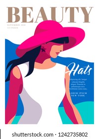 Abstract female character, face in profile, wearing big hat. Woman magazine cover design for the summer holiday season. Vector illustration